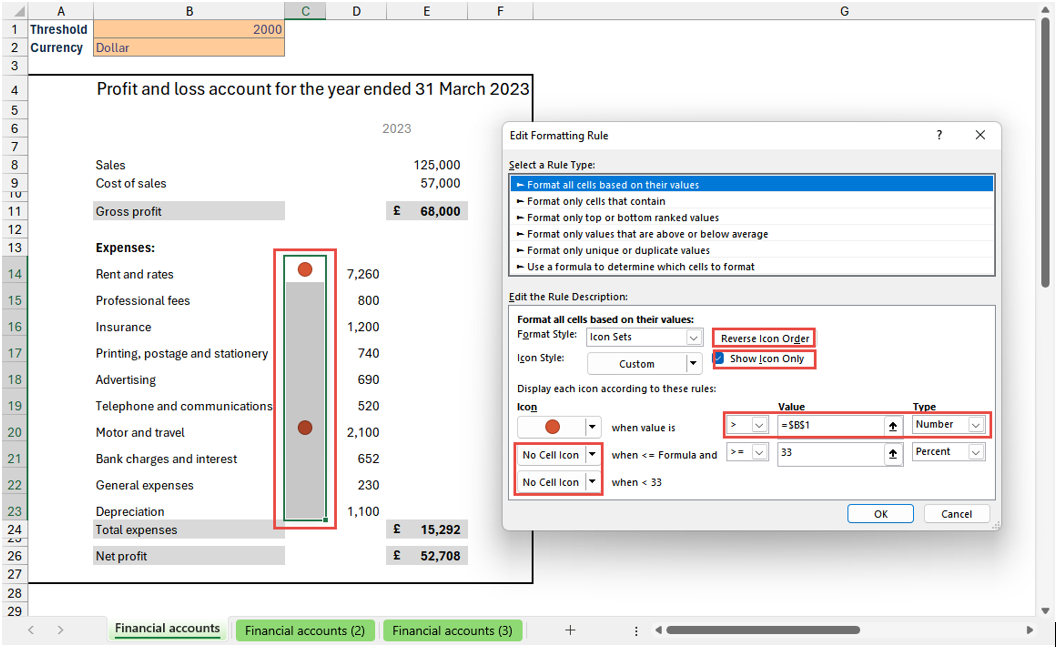 Screenshot showing example of red traffic lights icon in Excel