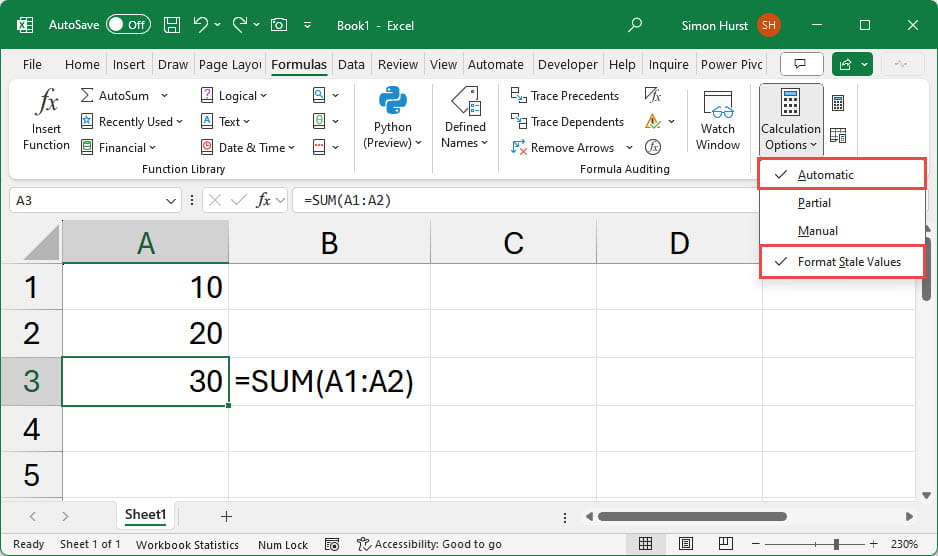 Excel screenshot showing the calculation mode set to Automatic and Format Stale Values turned on.