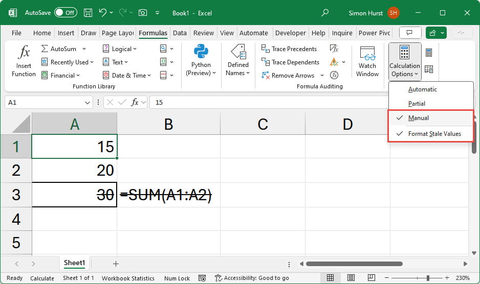 Excel screenshot of the mode set to Manual