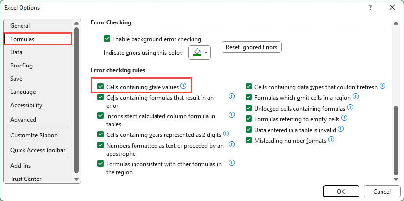 Excel screenshot showing a new rule has been added to the list of Error checking Rules in the Formulas section of Excel Options.