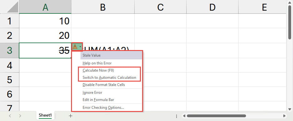 Excel screenshot displaying a list of options including Calculate Now and Switch to Automatic .