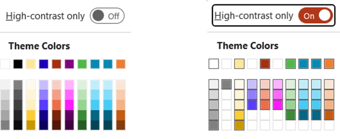 Screenshot of high contrast colour pickers in Outlook, PowerPoint and Word
