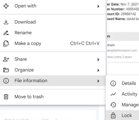 Screenshot of how to lock a file in Google Drive