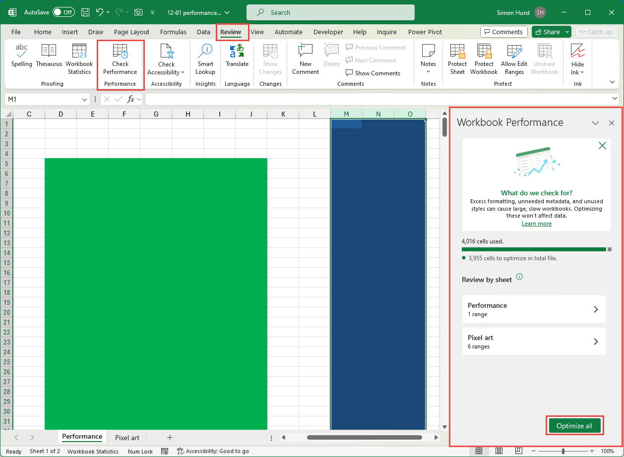 Screenshot of how to check Workbook Performance in Excel