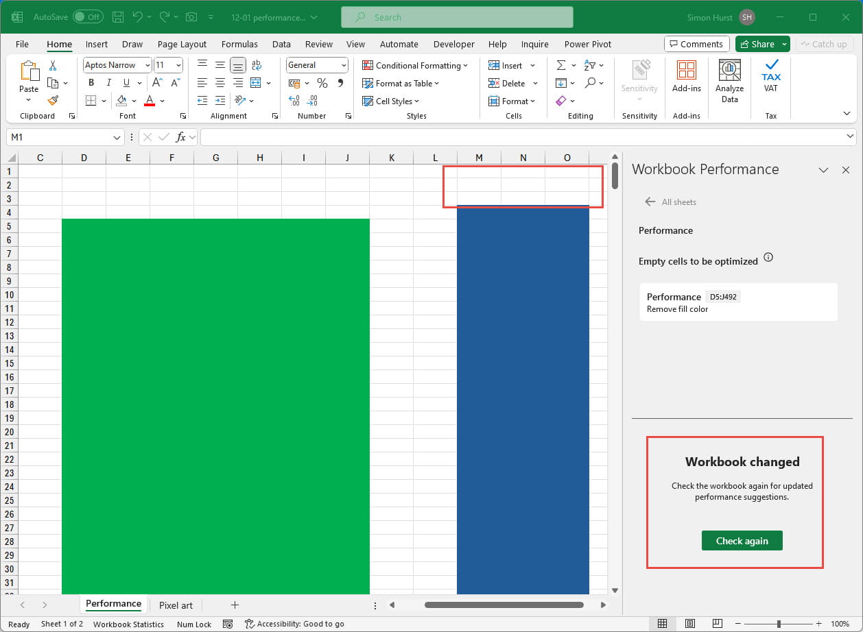 Screenshot of 'Check again' button in Performance Checker in Excel