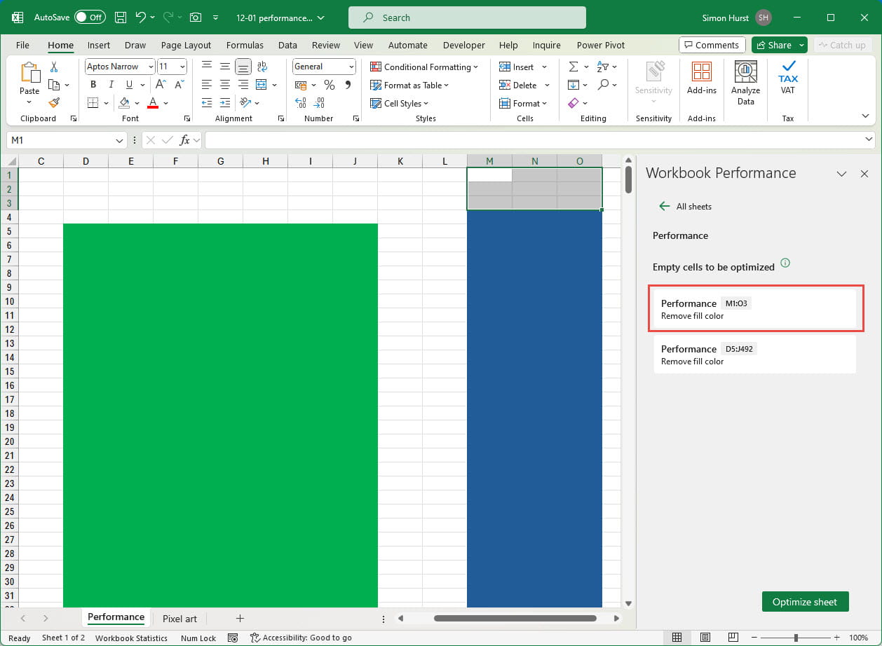Screenshot of unformatted cells in Performance Checker in Excel