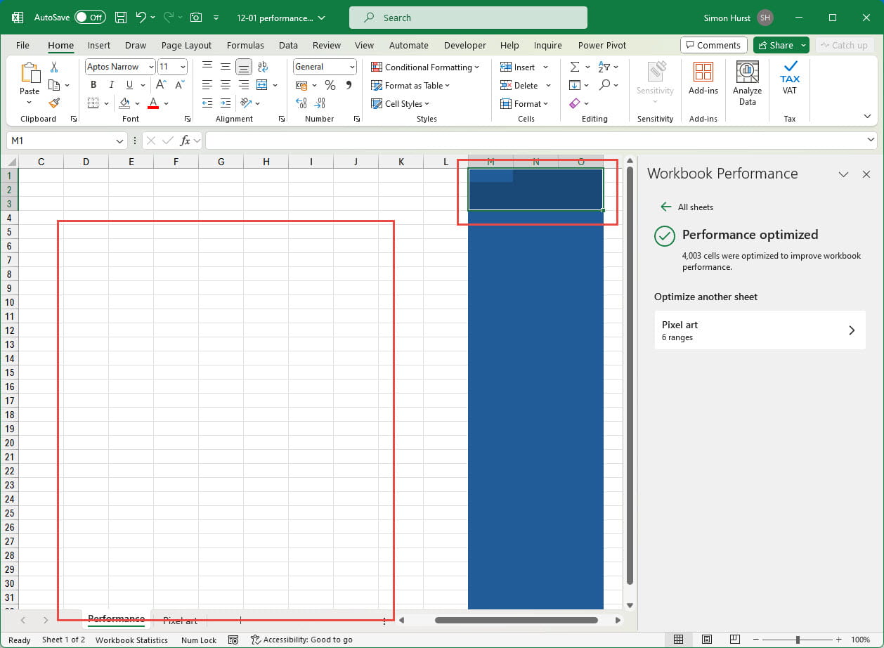 Screenshot of optimised cells in Excel