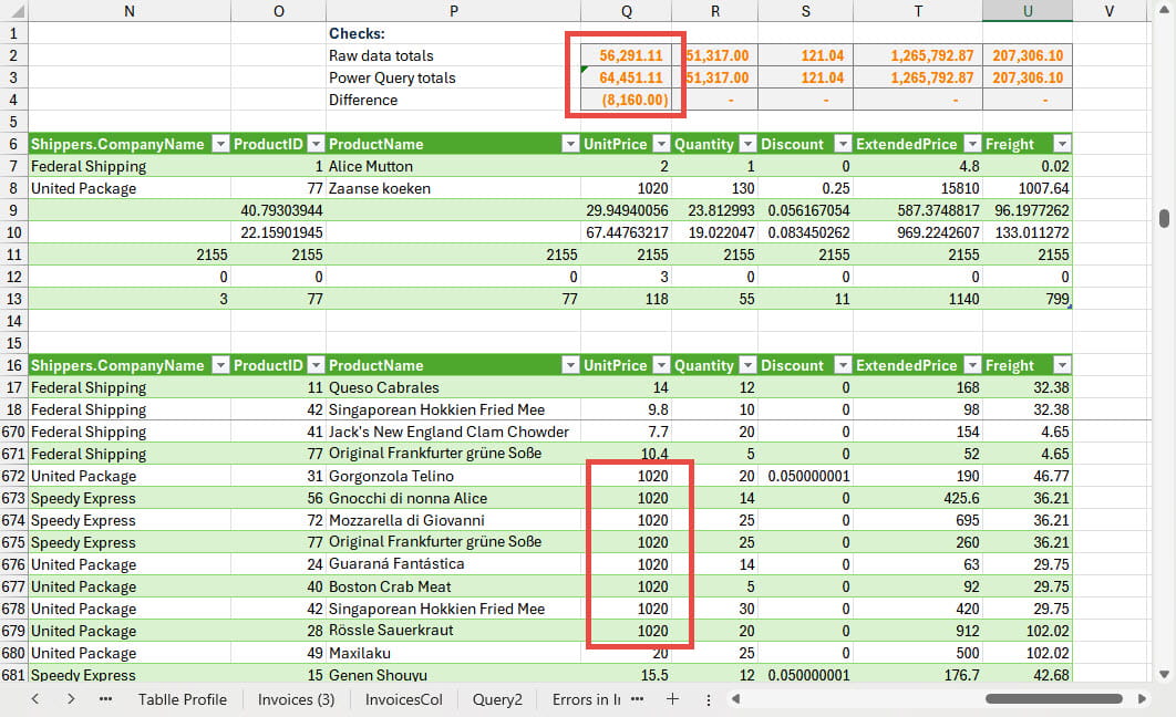 Screenshot of example in Excel
