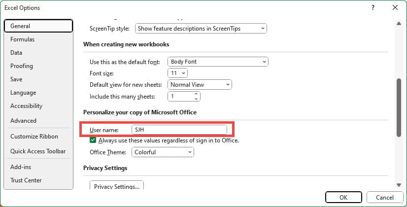Screenshot of example in Excel