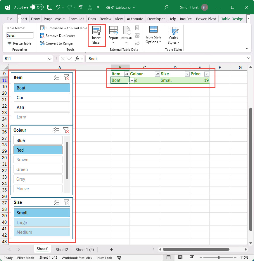 Screenshot of inserting slicers in Excel