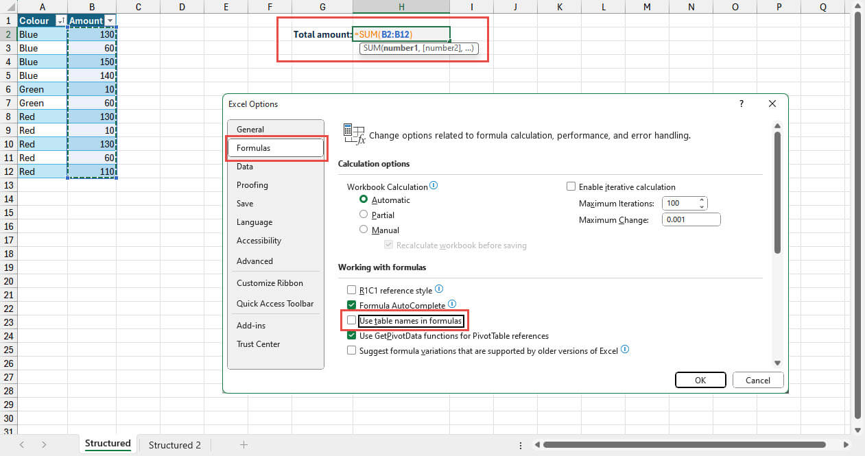Screenshot of the SUM function in Excel