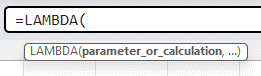 Screenshot of the syntax of LAMBDA in Excel