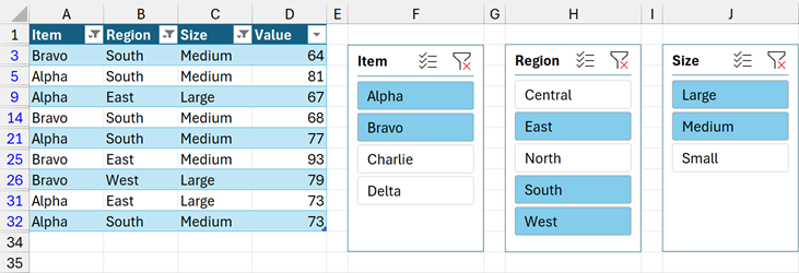 Screenshot of table with slicer example in Excel