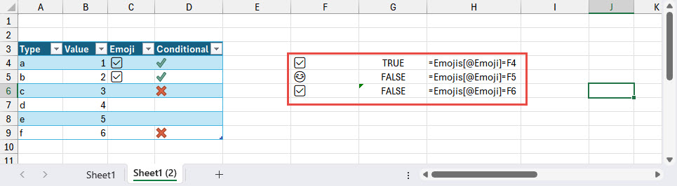 Comparison of emojis in Excel