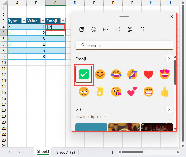 List of Emojis in Excel