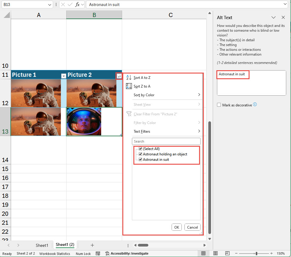 Picture sort and filter in Excel