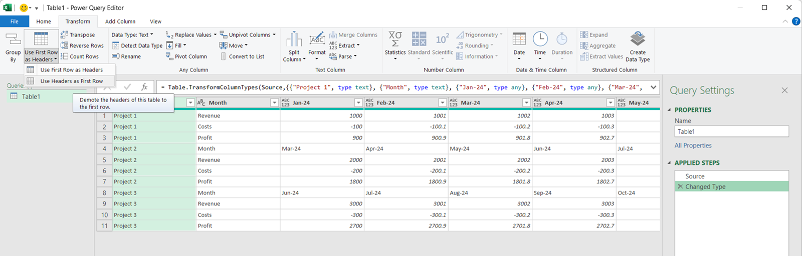 Screenshot showing how to demote the table headings