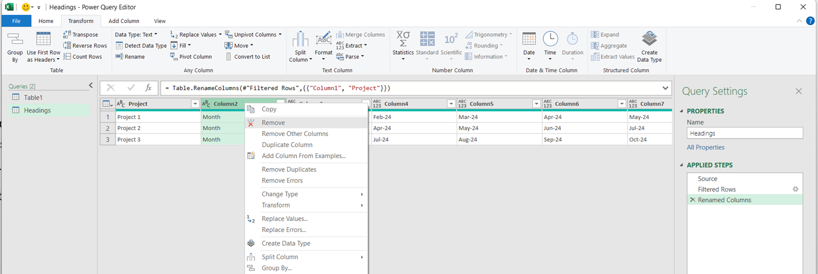 Screenshot showing how to remove column