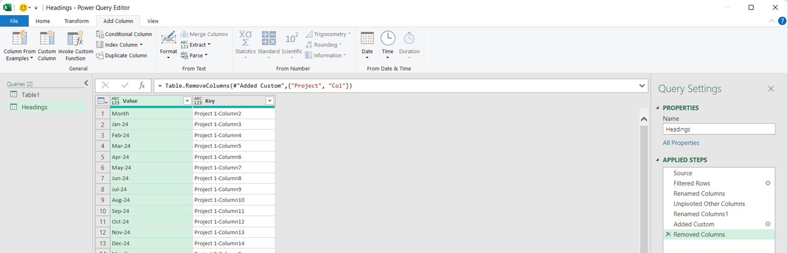 Screenshot showing how to remove columns