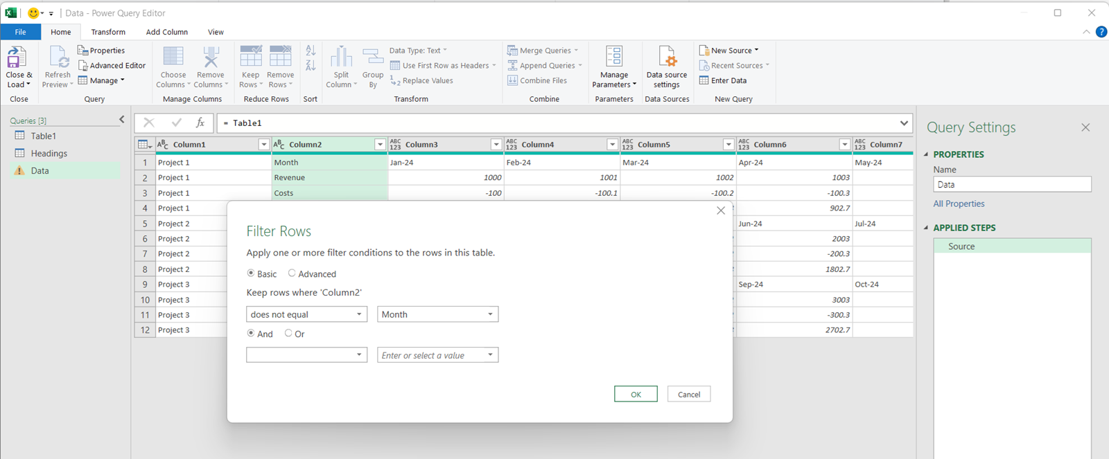 Screenshot of Filter Rows dialogue box