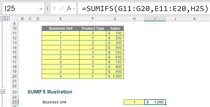 Image of SUMIFS example formula in Excel