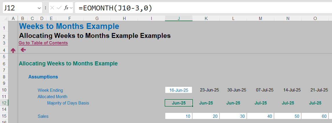 Screenshot of Weeks to Months example in Excel