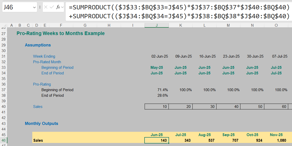 Screenshot of monthly output example in Excel