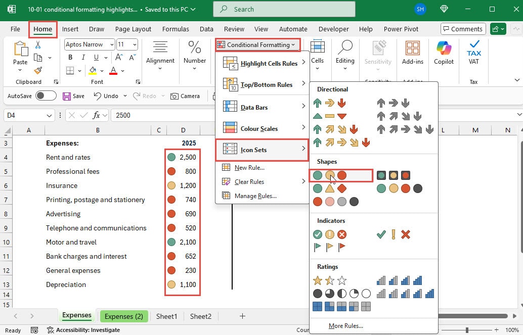 Screenshot illustrating conditional formatting in Excel