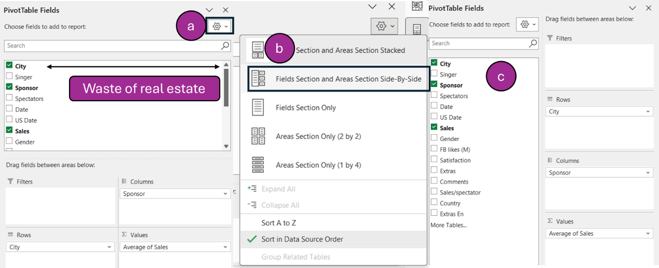 Screenshot of how to view Pivot field and areas side by side in Excel