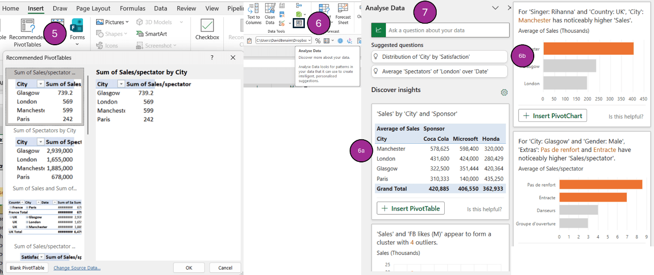 Screenshot of how to ask Excel a question about your data via Analyse Data