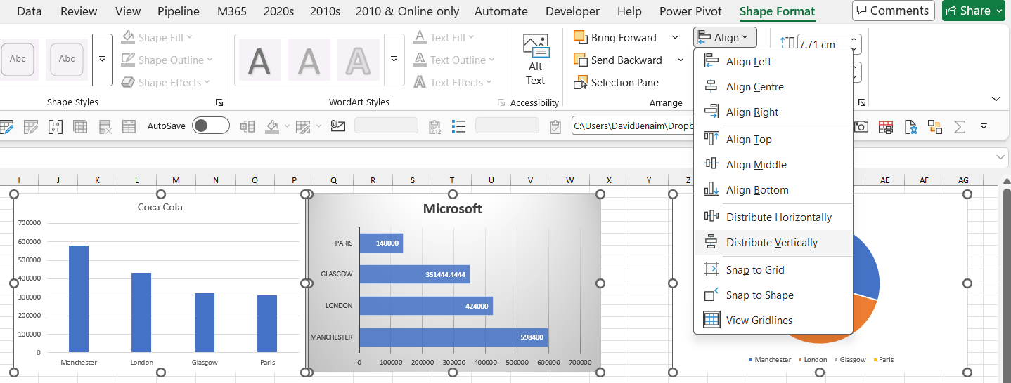 Screenshot of how to align and distribute multiple charts in Excel