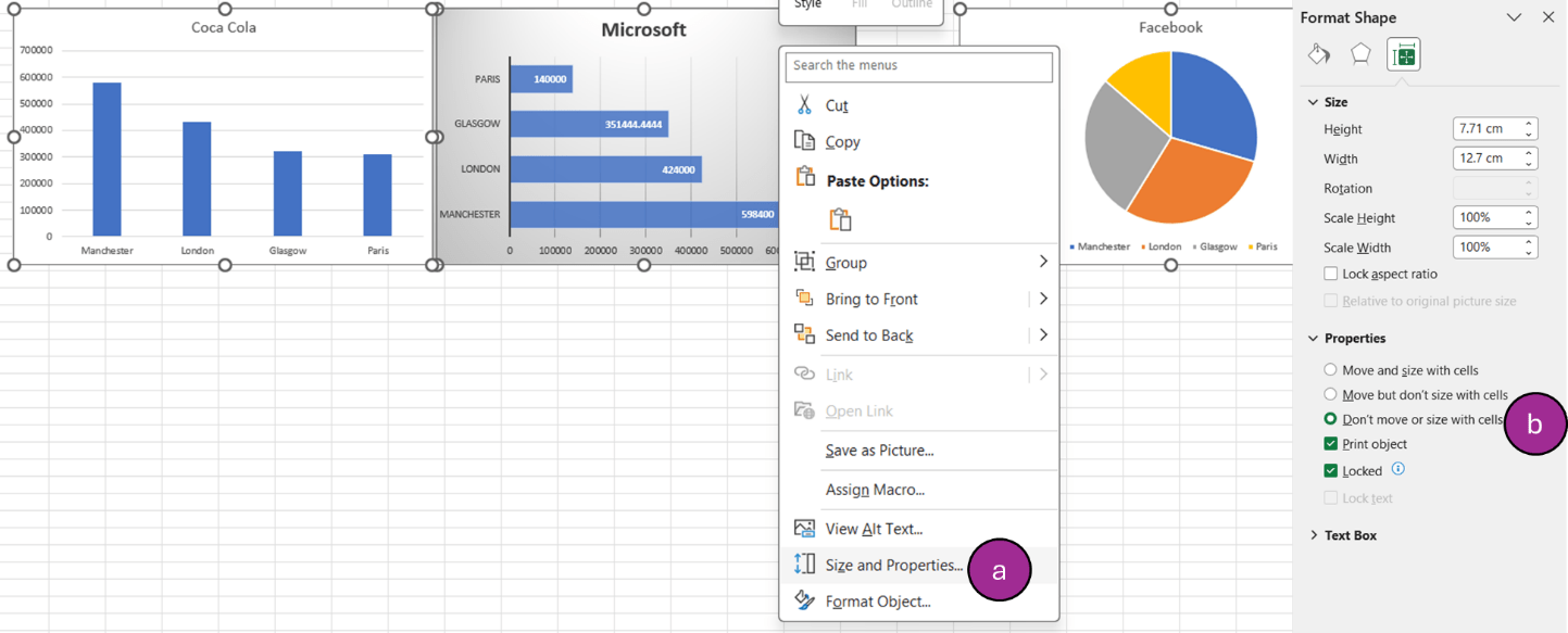 Screenshot of how to get charts to not resize when adjusting column widths in Excel