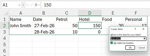 Screenshot of check box to indicate whether table has headers