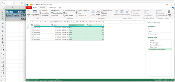 Screenshot of unpivot process in power query editor