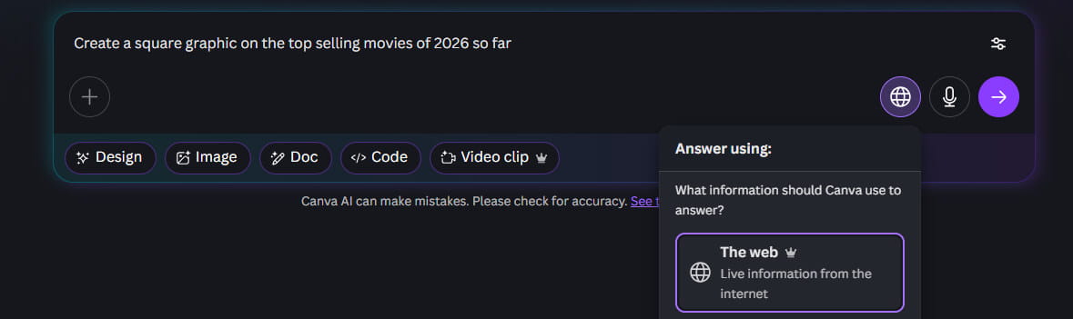 Image of Canva using AI web search feature