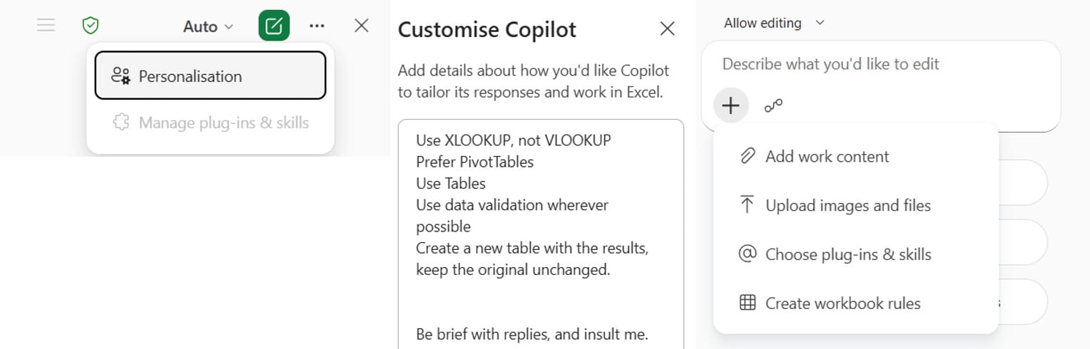 Image of Excel features - dark mode and focus cell