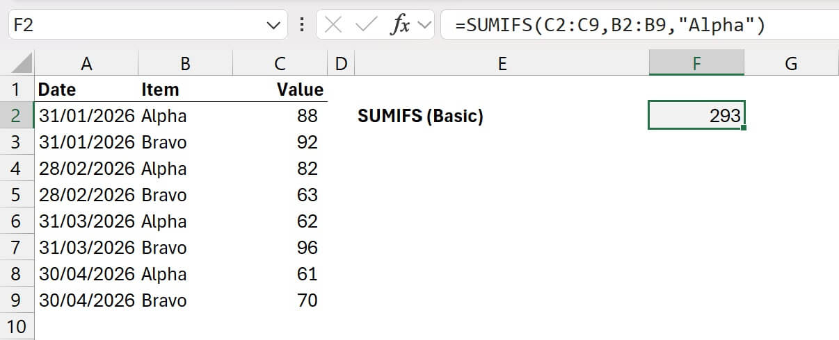 Screen shot from an Excel spreadsheet