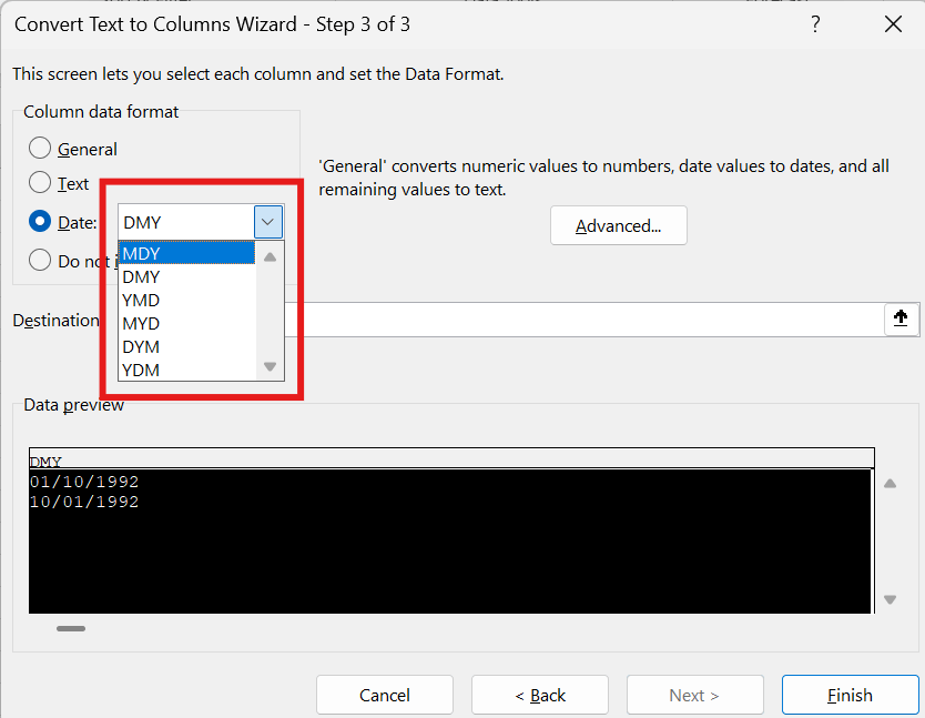 Screen shot from an Excel spreadsheet