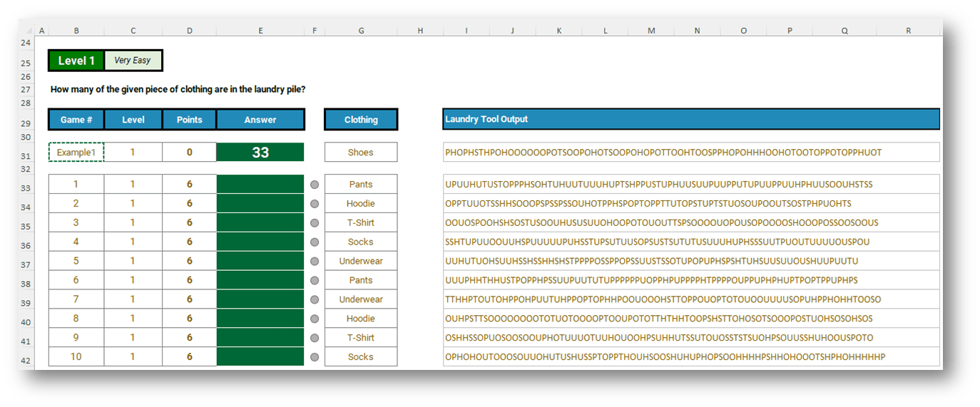 Screen shot from an Excel spreadsheet