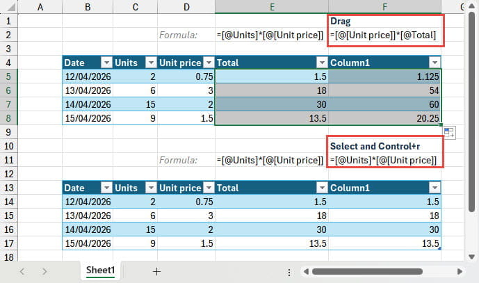 Screen shot from an Excel spreadsheet