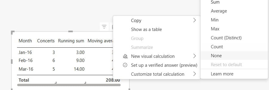 Screenshot - totals in Table & Matrices