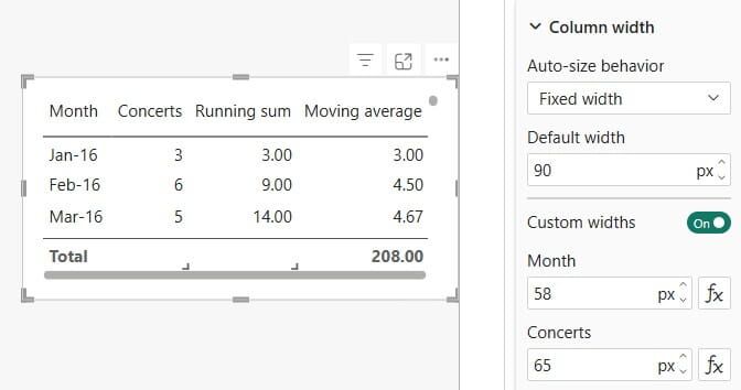 Screenshot - specify width for all table columns 