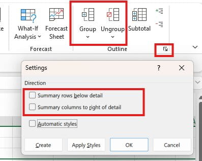 Screenshot of Grouping icons in Excel ribbon and related dialogue box
