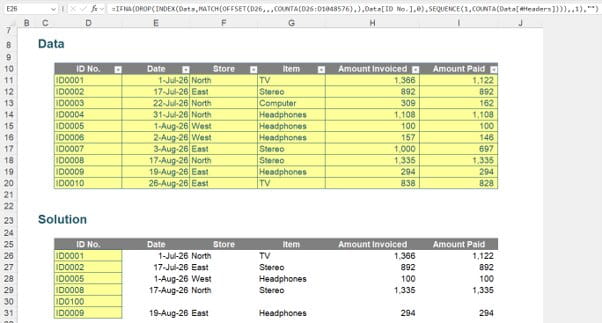 Screenshot of the example Excel table solution