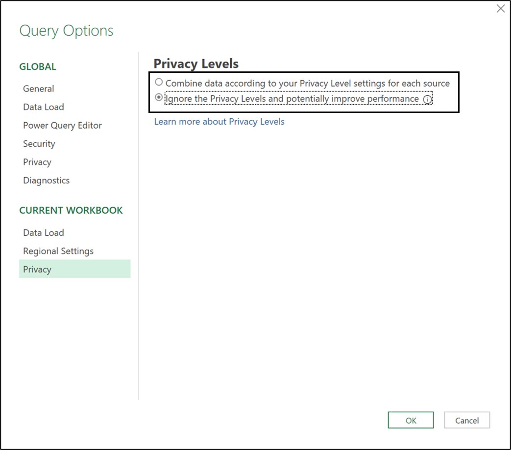Screenshot of Excel Query Options and how to ignore Privacy Levels