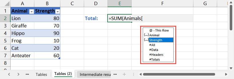 Screenshot of an excel spreadsheet