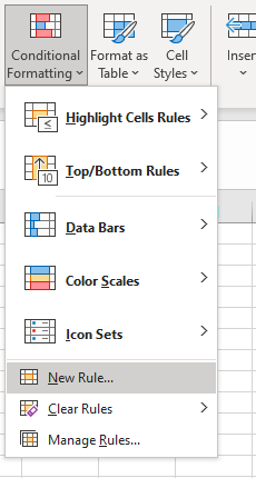Screenshot of Conditional Formatting menu in Excel
