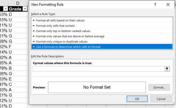 Screenshot showing New Formatting Rule example in Excel