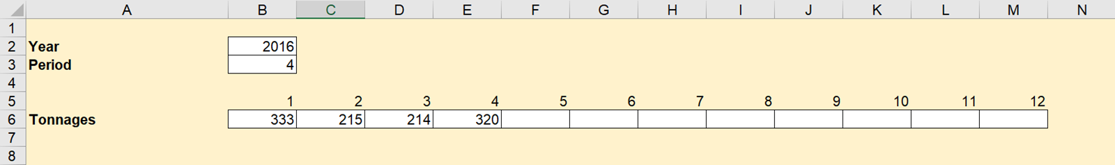 Screenshot of an Input sheet in Excel with background colour removed from cells