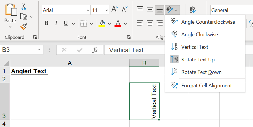 Screenshot of angled text options in Excel Home Ribbon